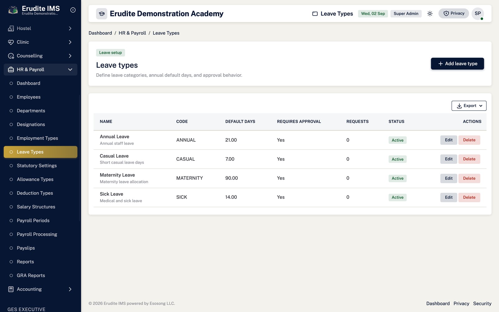 Payroll Setup leave types screen