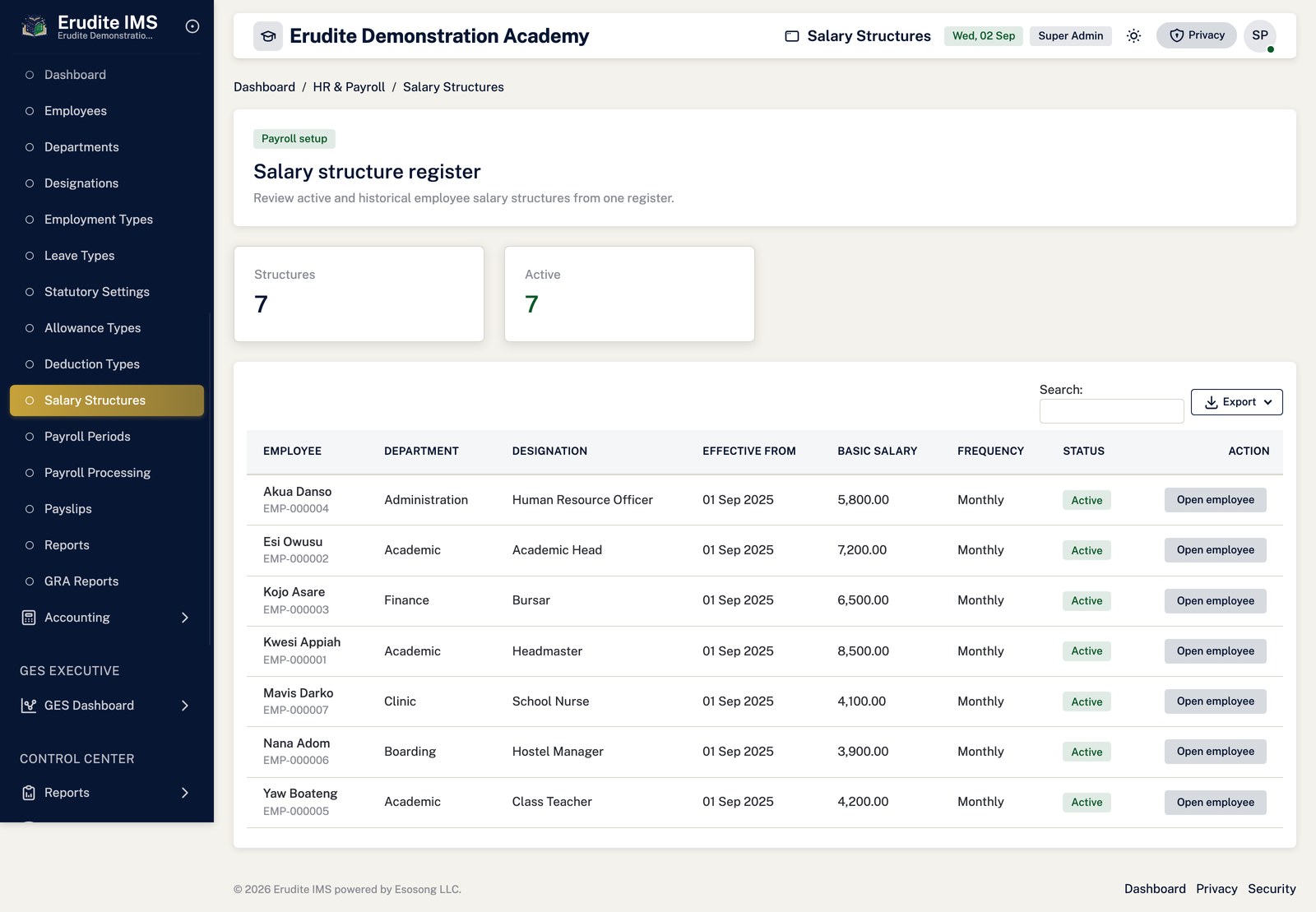 Payroll Setup salary structures screen