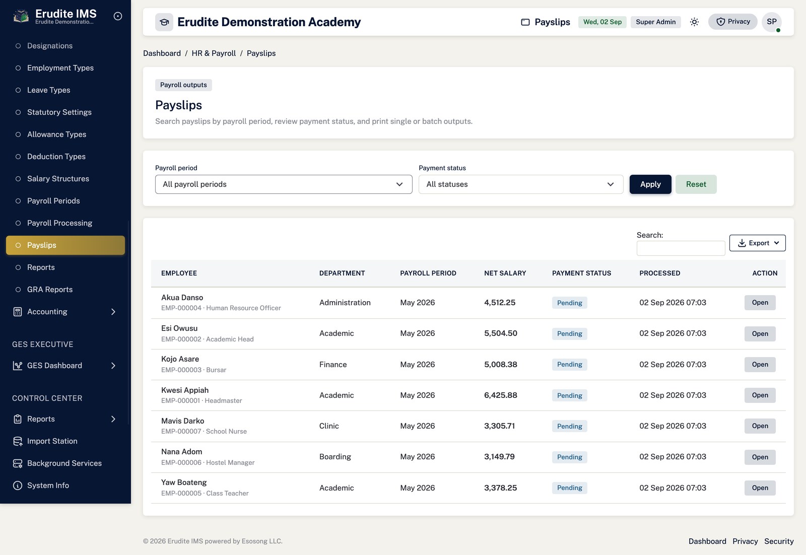 Payslips list screen