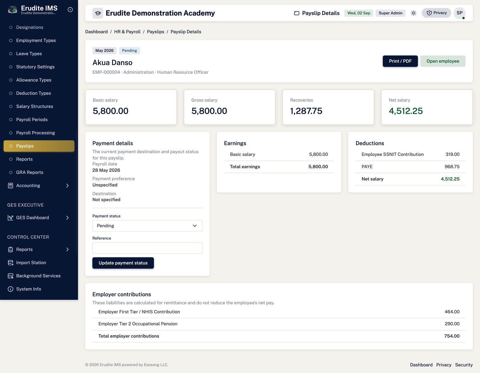 Payslips record screen