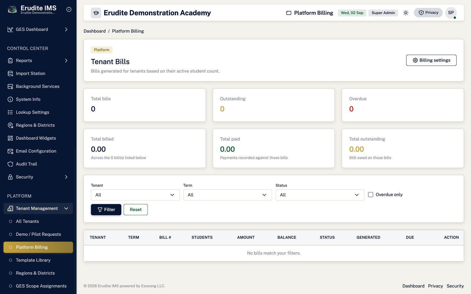 Platform Billing list screen