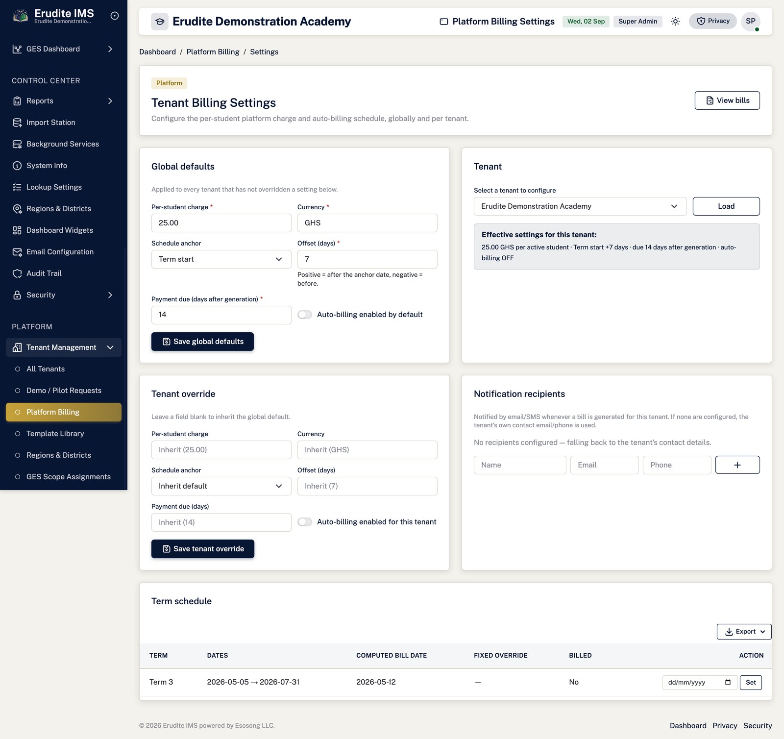 Platform Billing settings screen