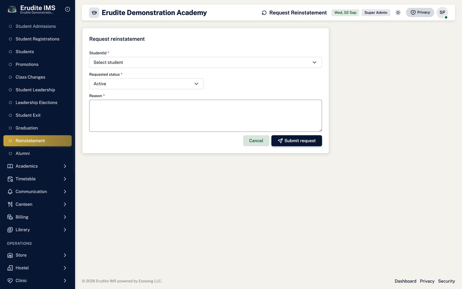 Reinstatement create form screen