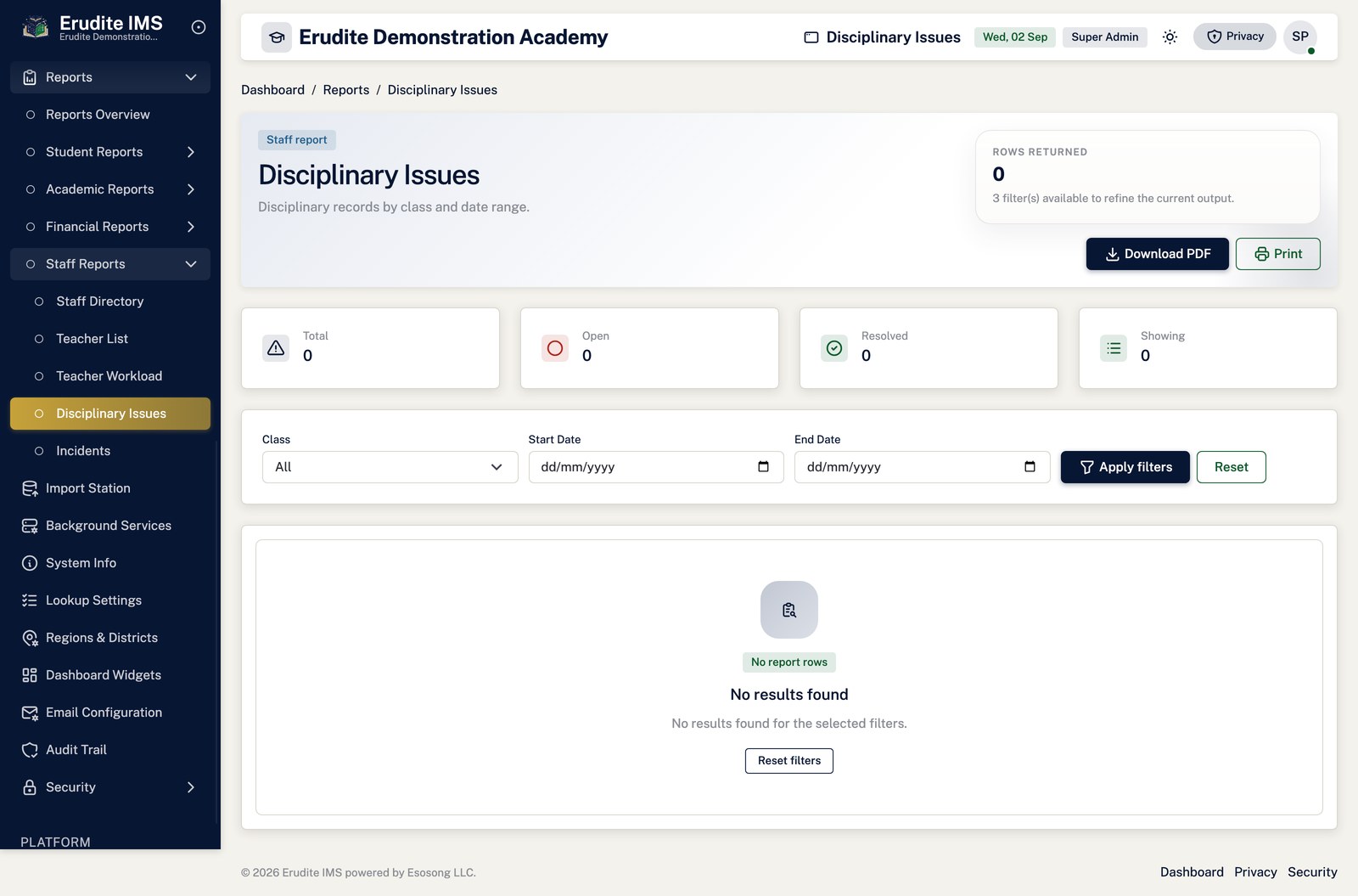 Reports disciplinary issues screen