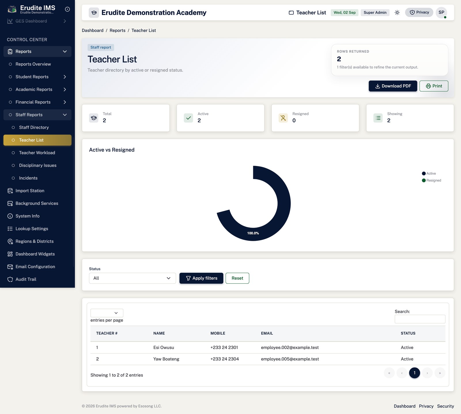 Reports instructor list screen