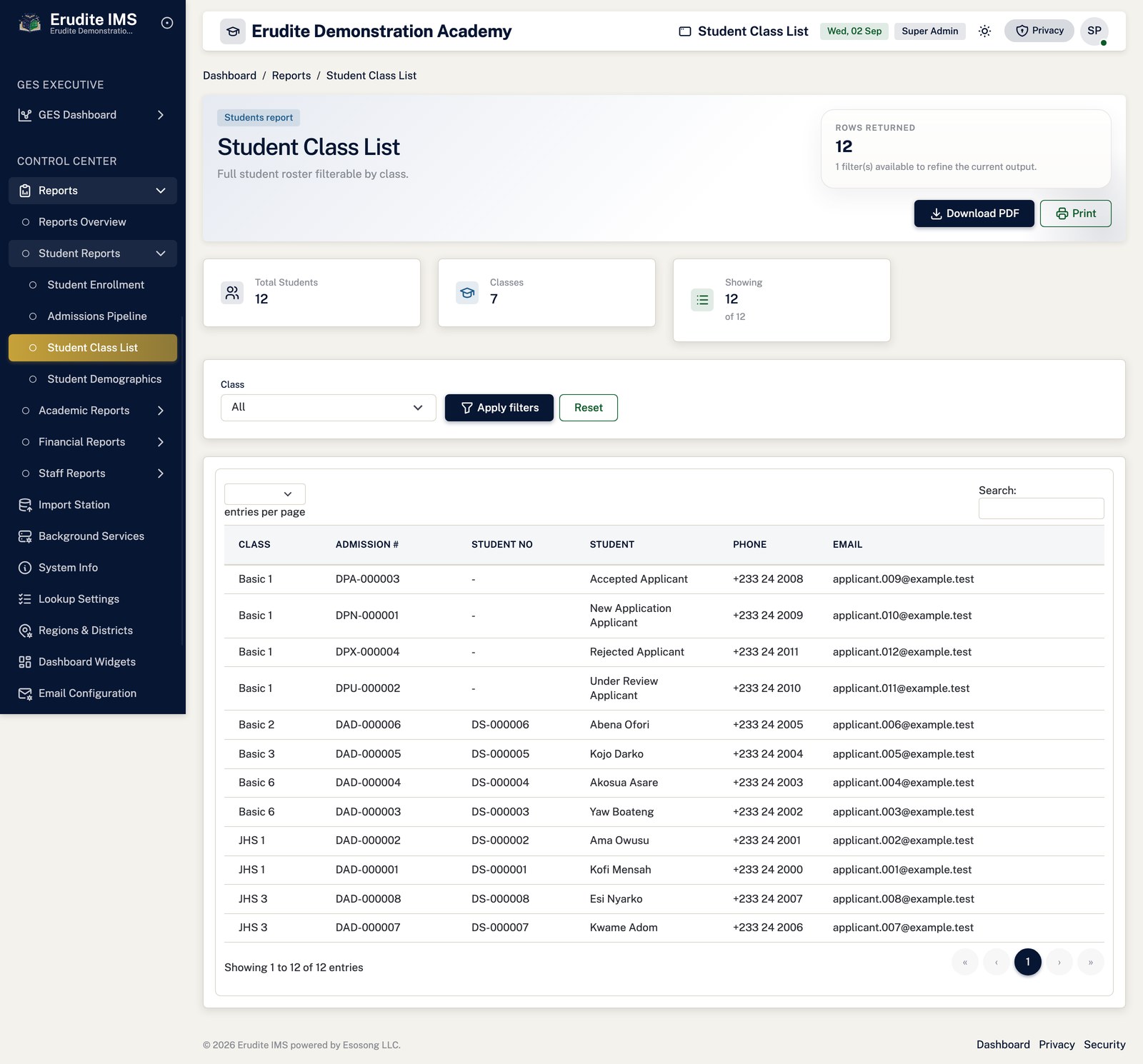 Reports student class list screen