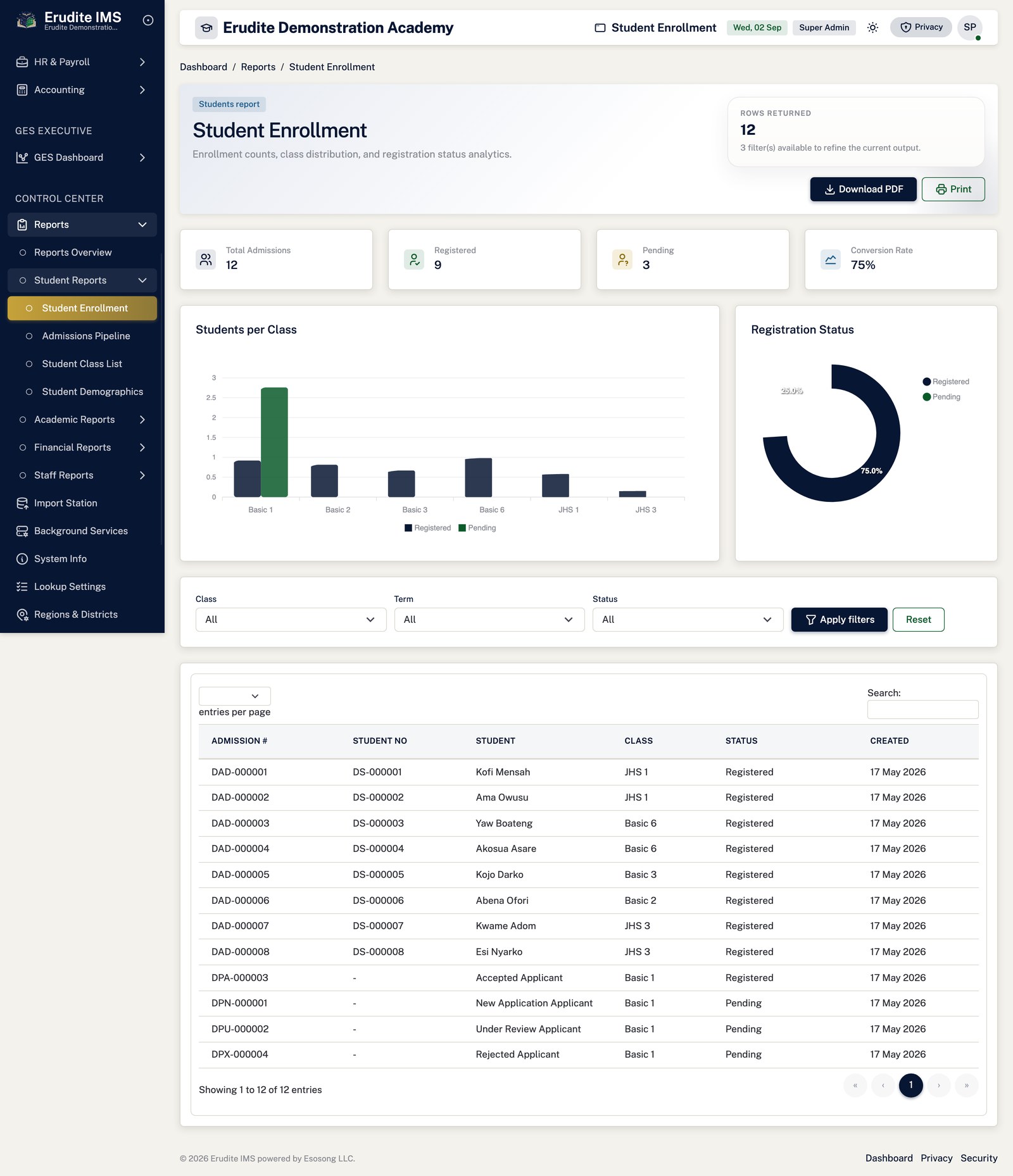 Reports student enrollment screen