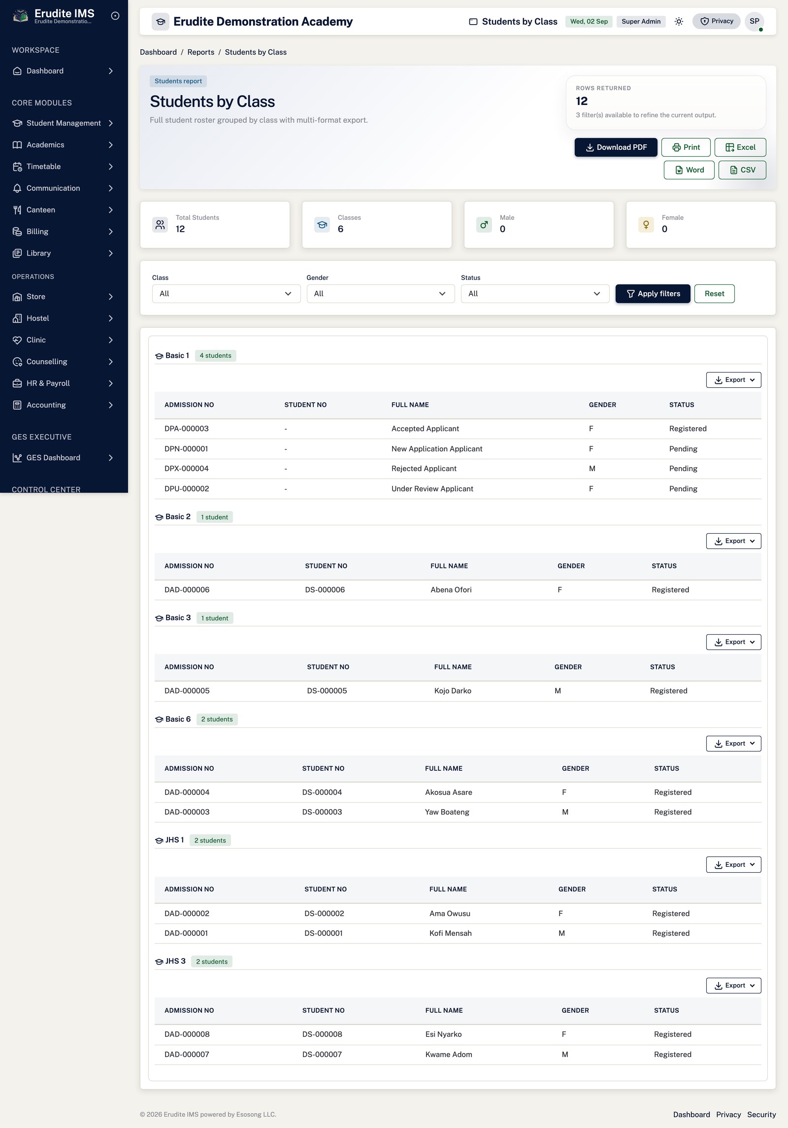 Reports studentsby class screen