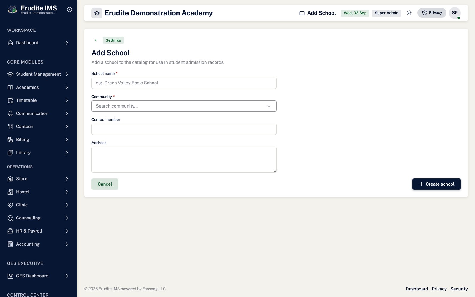 Schools create form screen