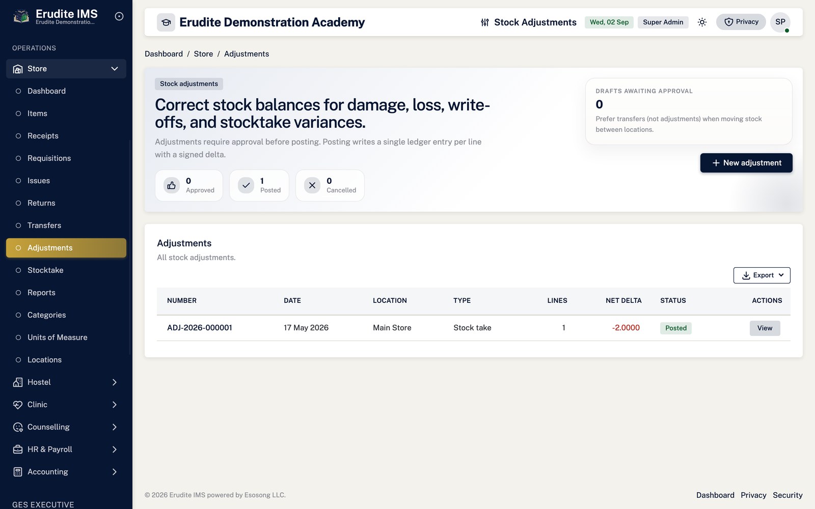 Store Adjustments list screen