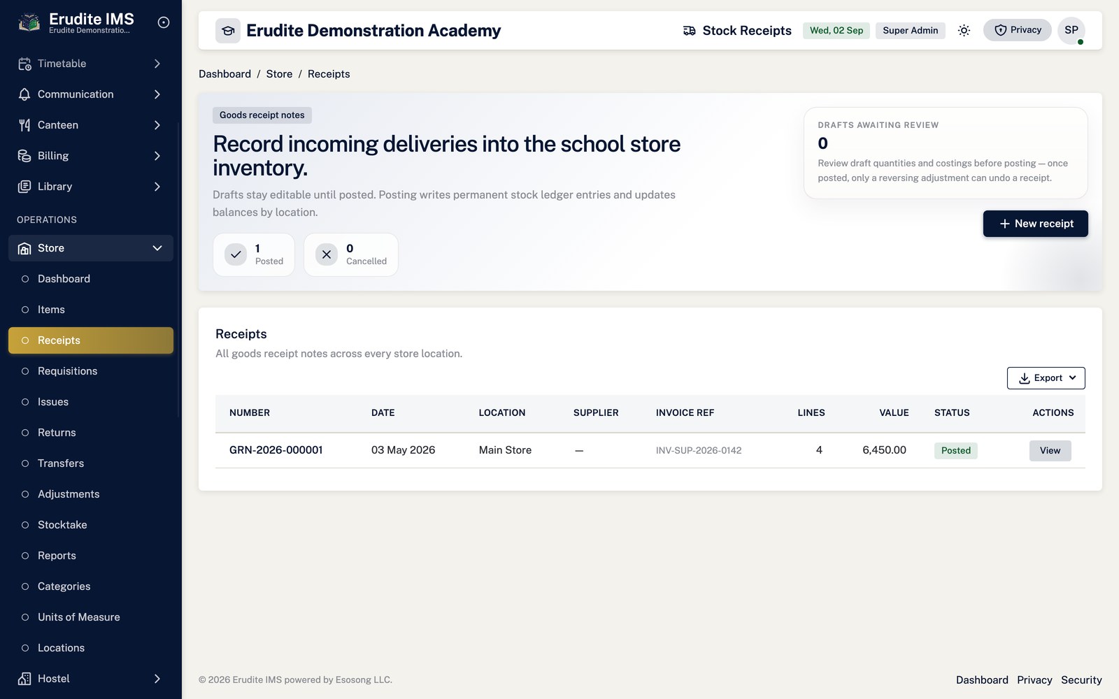 Store Receipts list screen