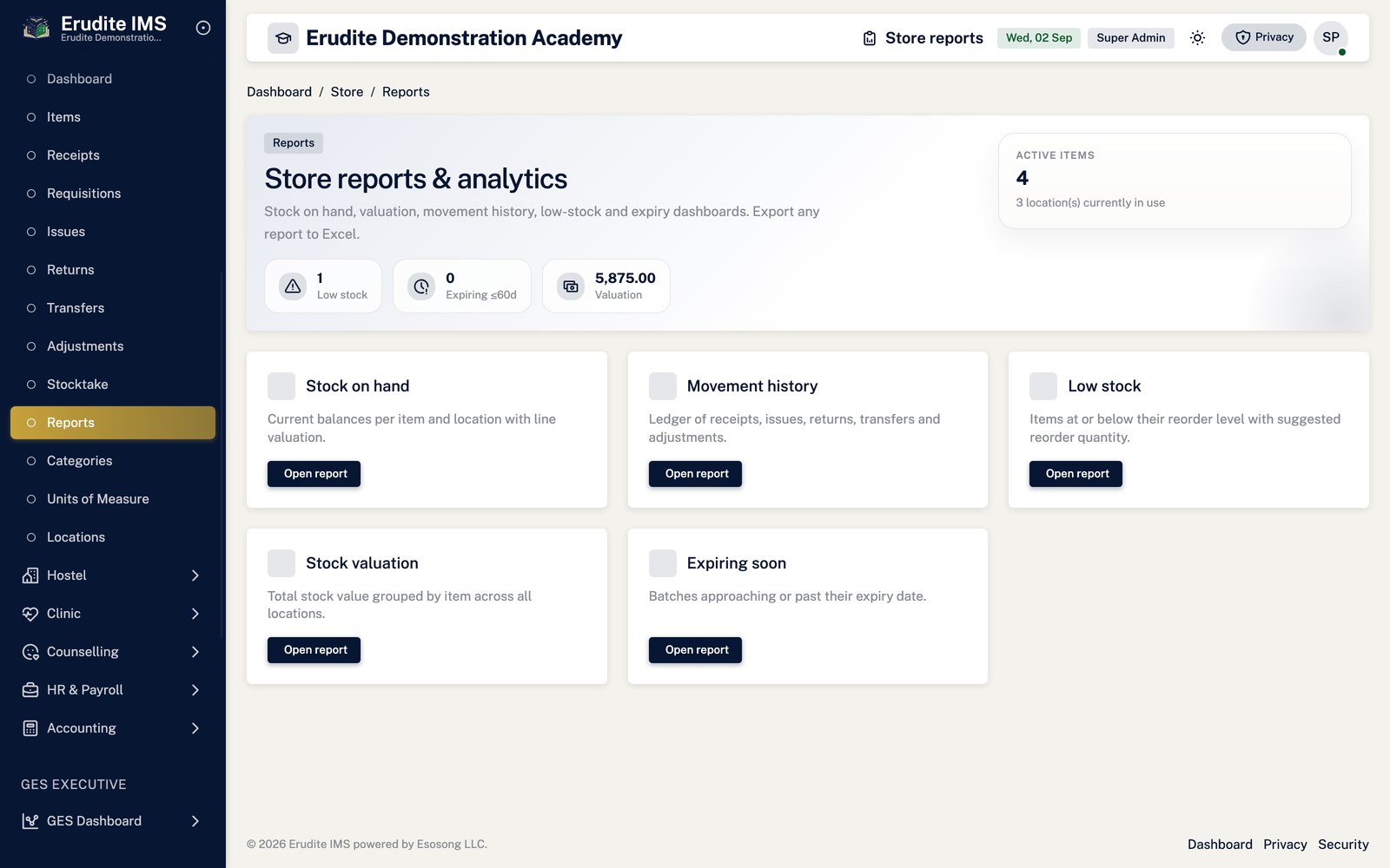 Store Reports list screen
