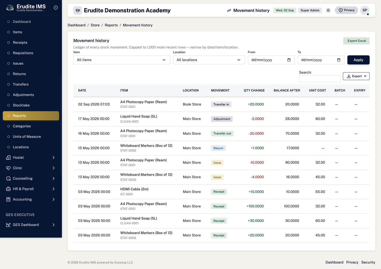 Store Reports movement history screen