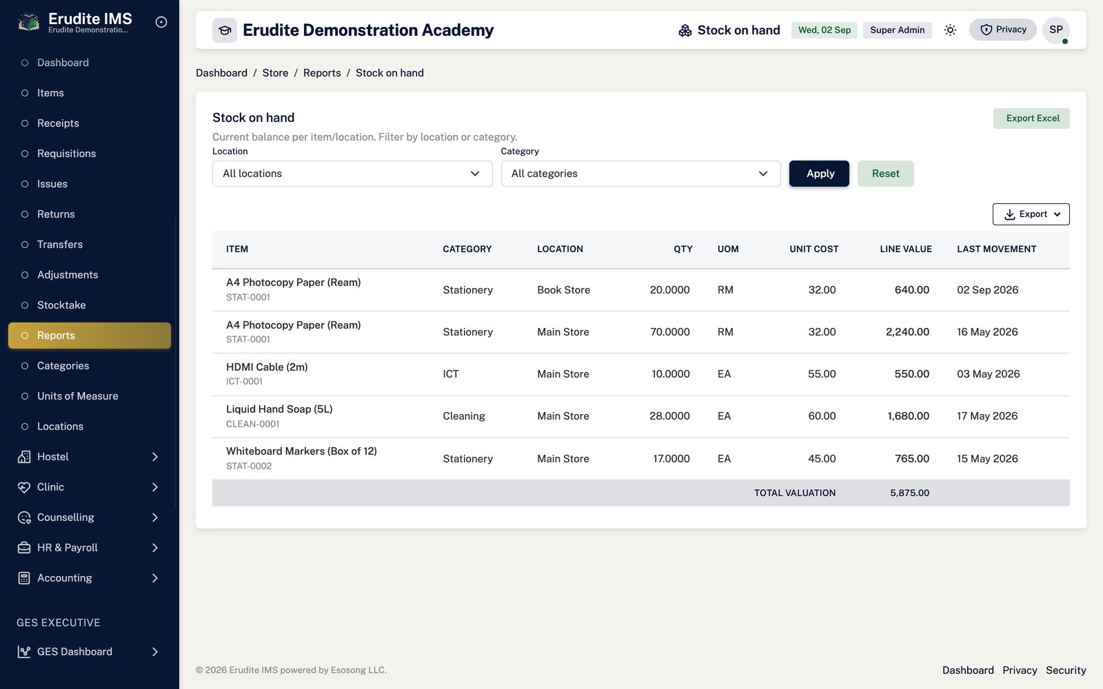 Store Reports stock on hand screen