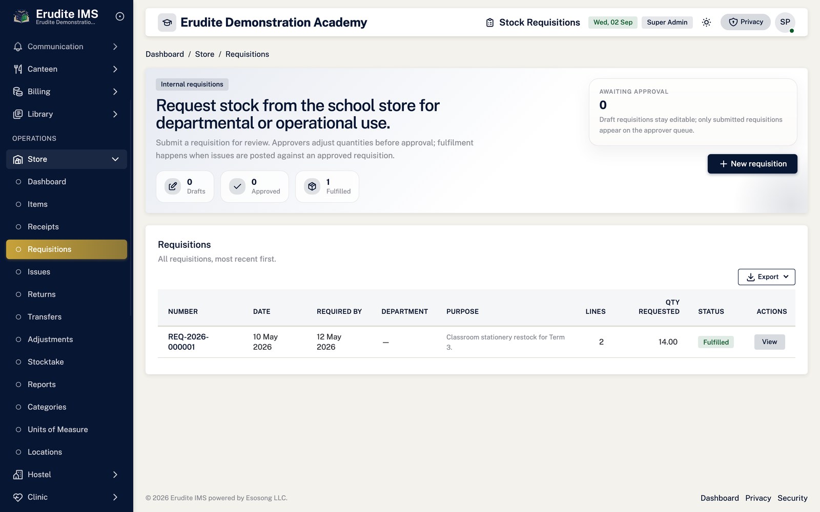 Store Requisitions list screen