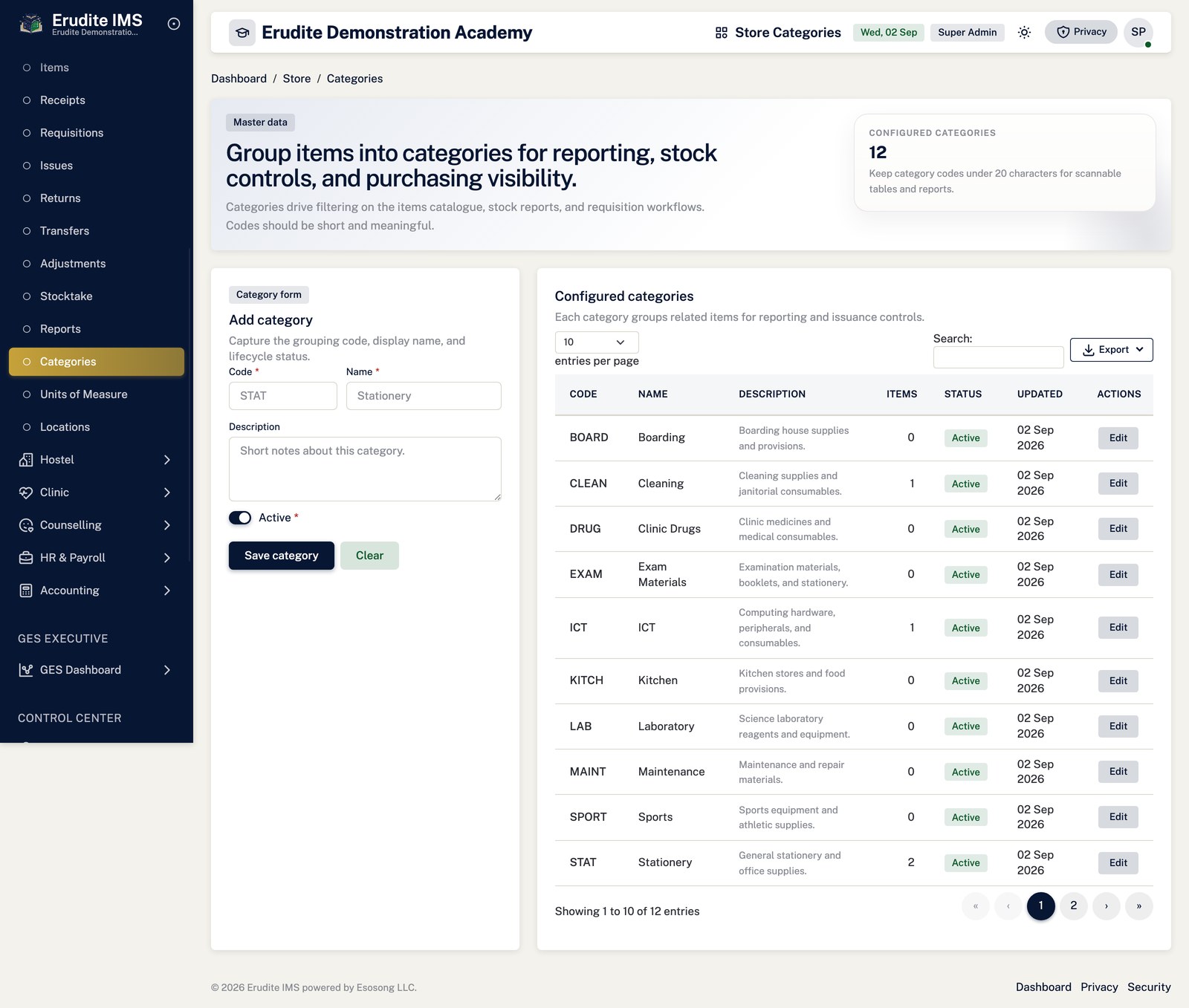 Store categories screen