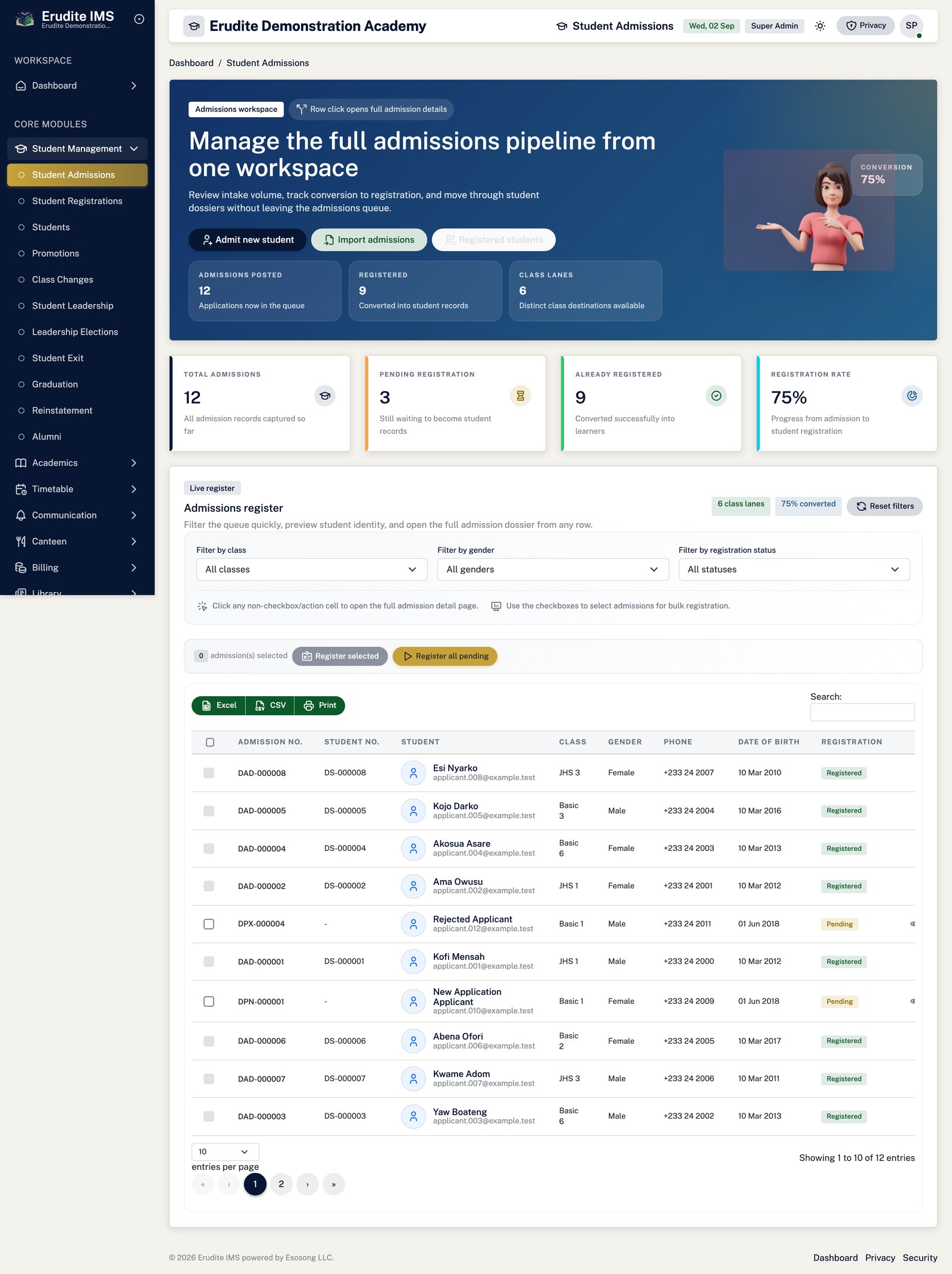 Student Admissions list screen
