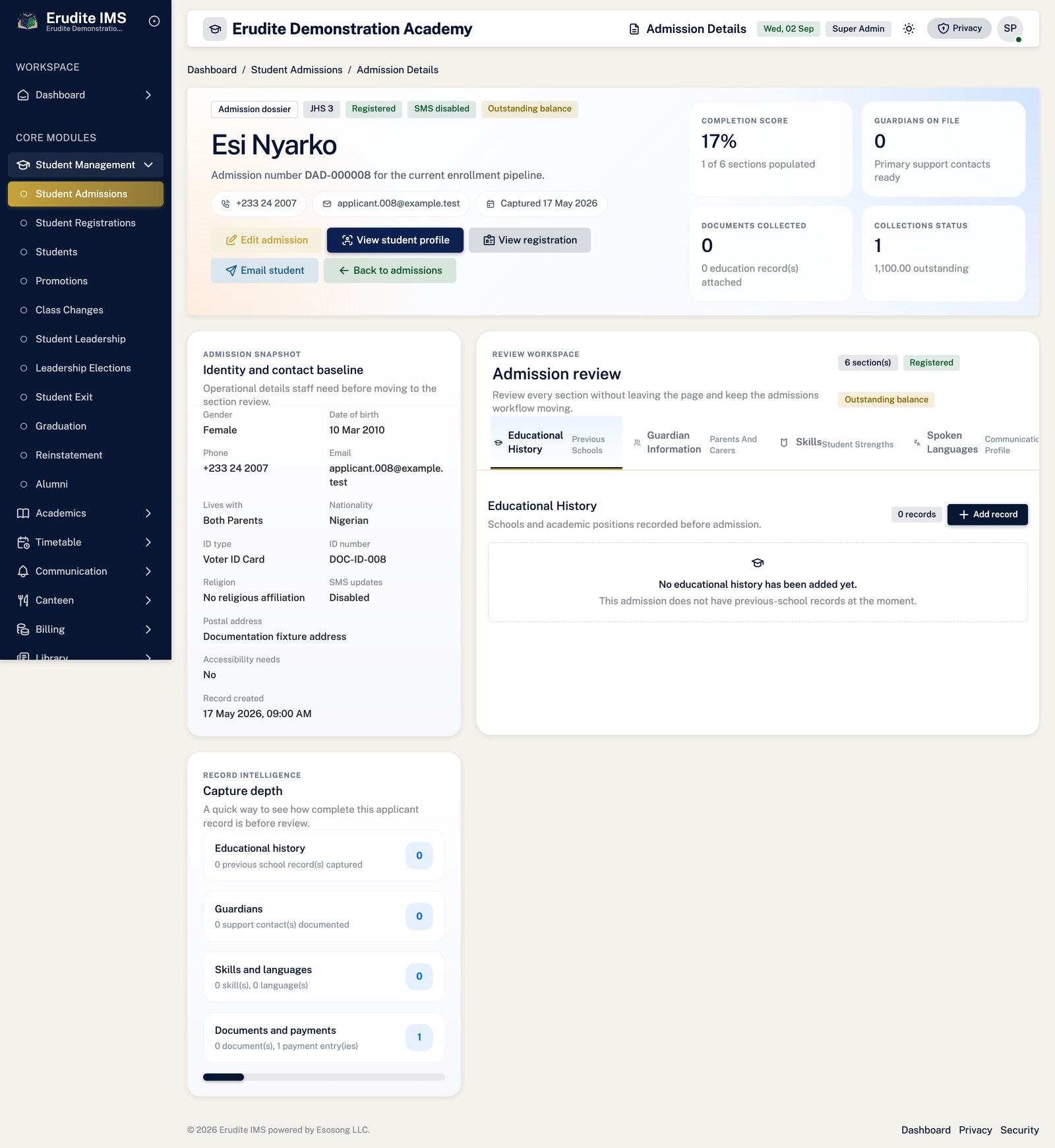 Student Admissions record screen