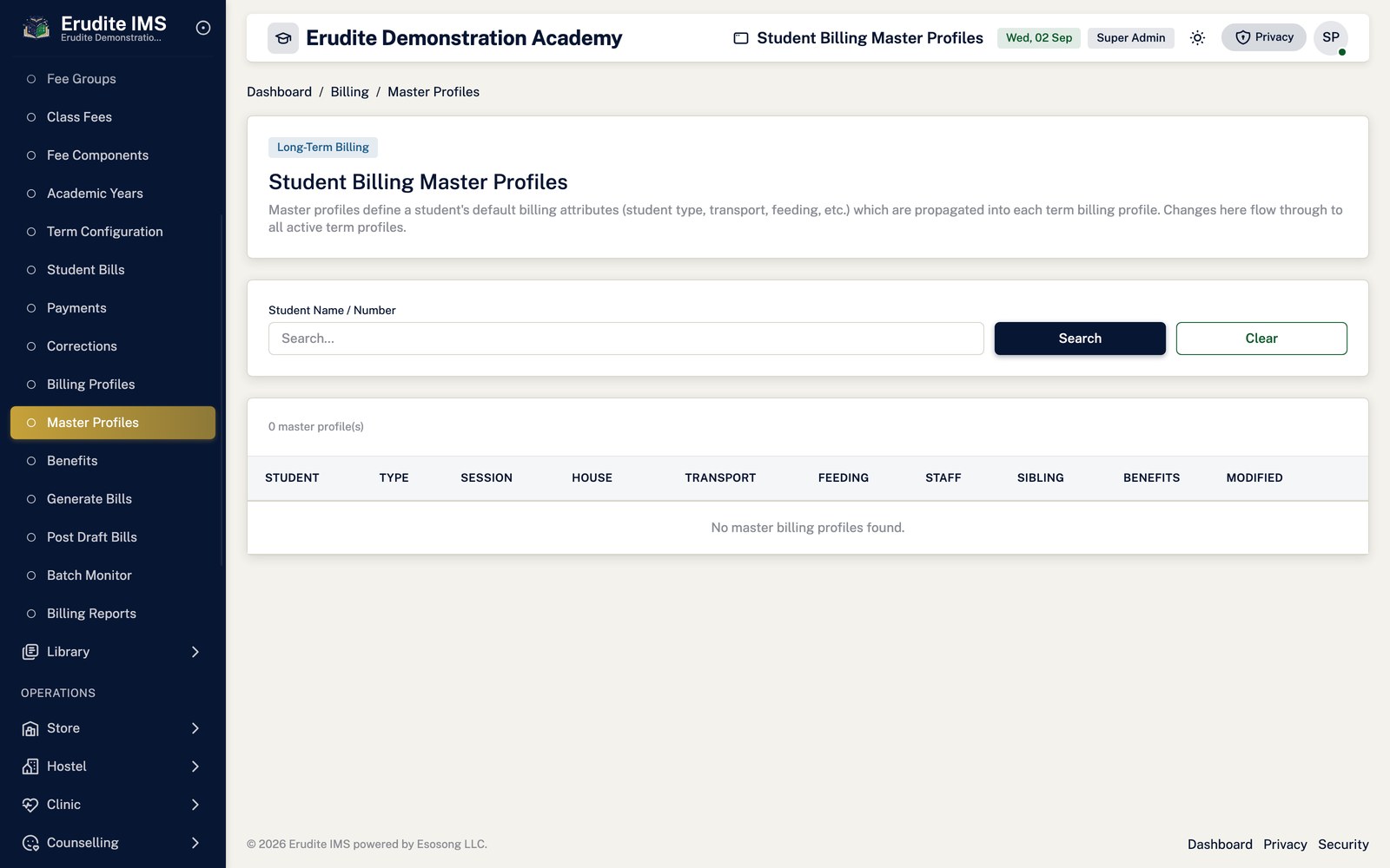 Student Billing Master Profiles list screen