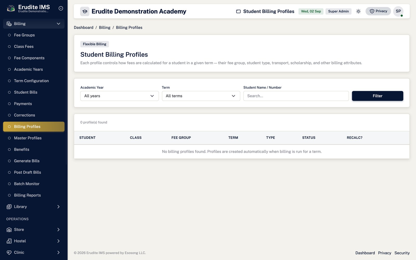 Student Billing Profiles list screen