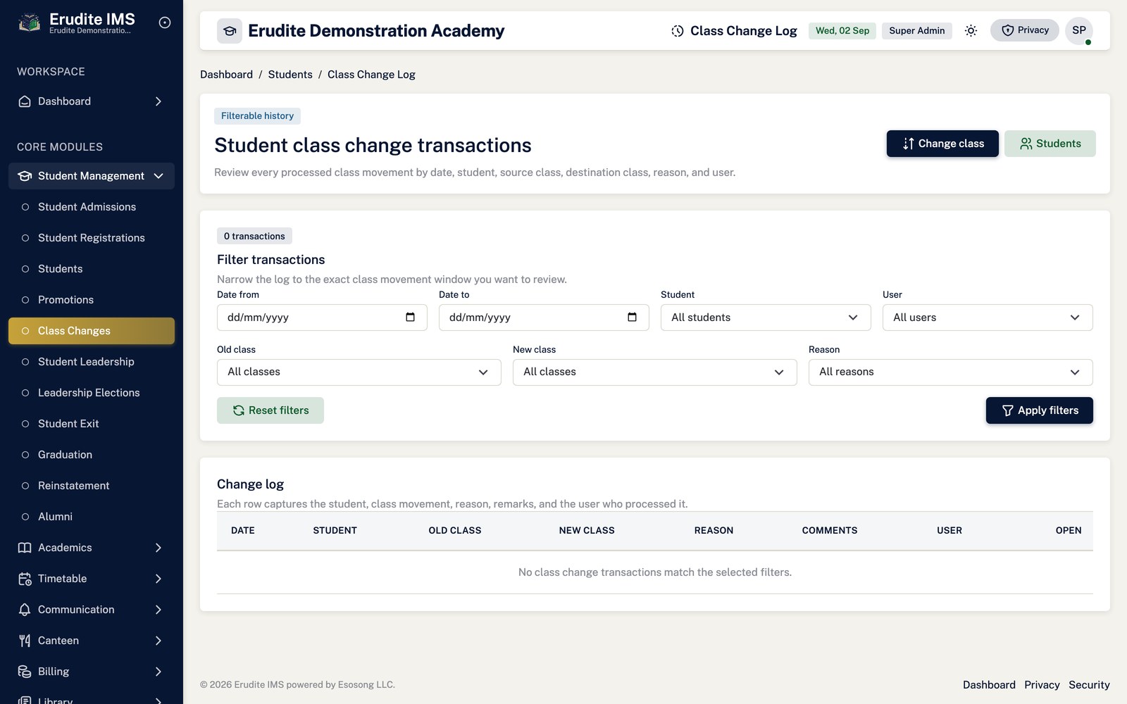 Student Class Changes list screen
