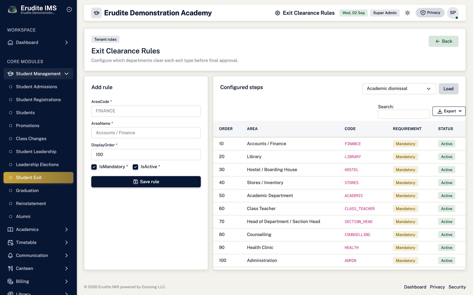 Student Exits clearance settings screen