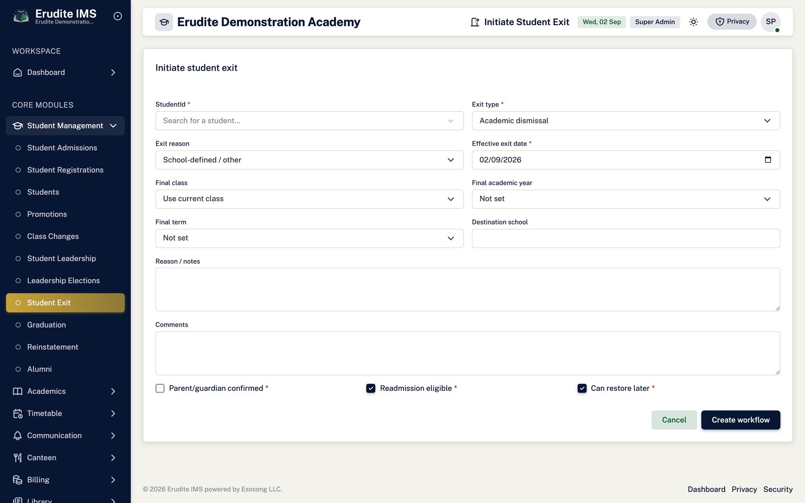 Student Exits create form screen