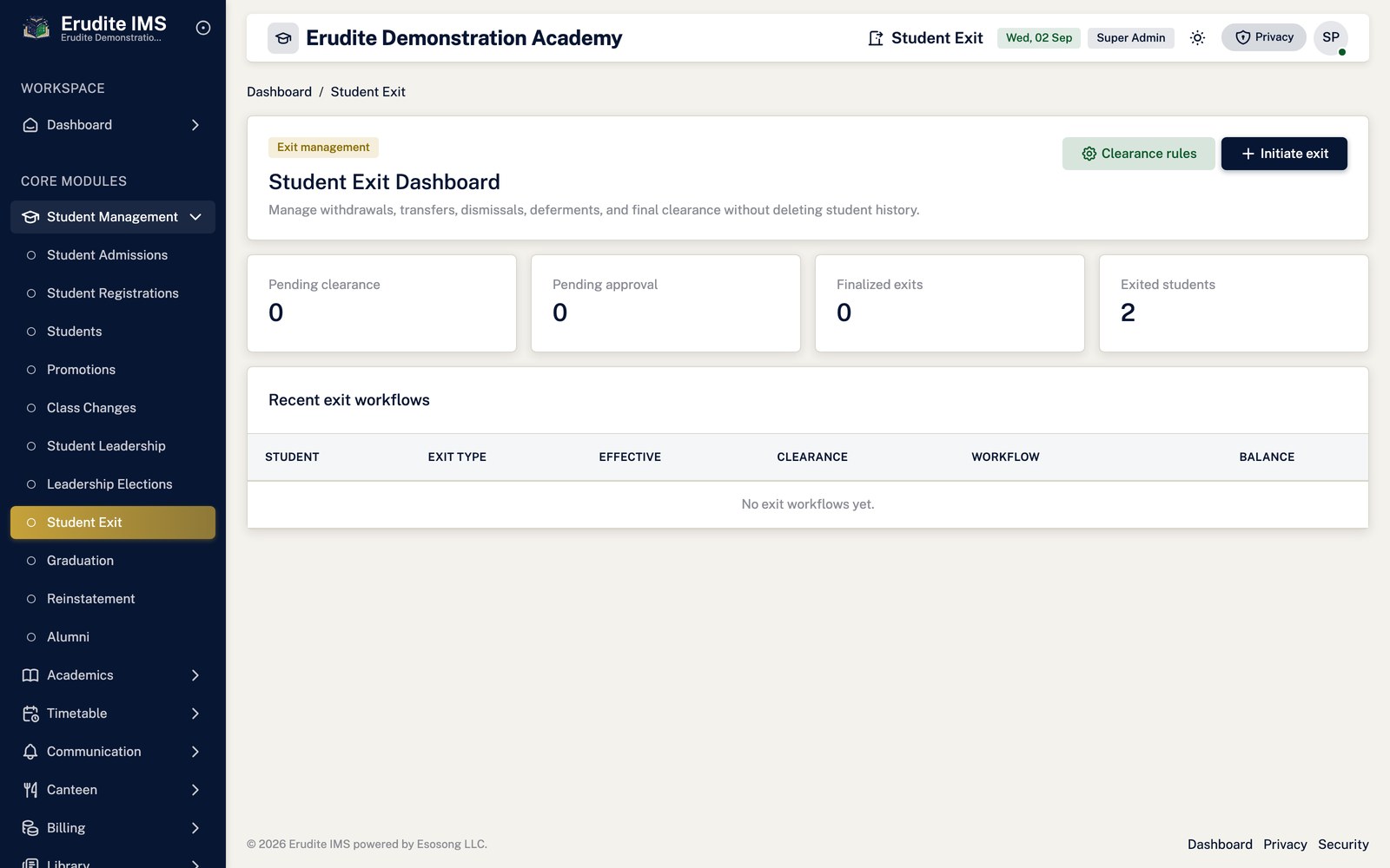 Student Exits list screen