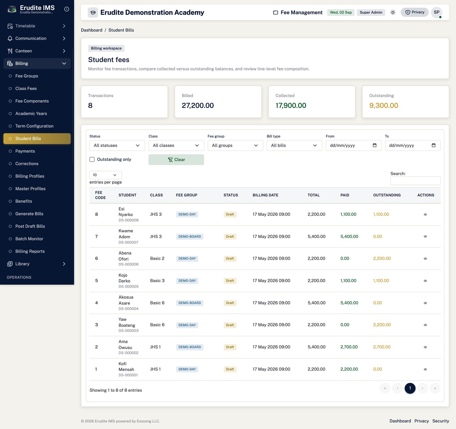 Student Fees list screen