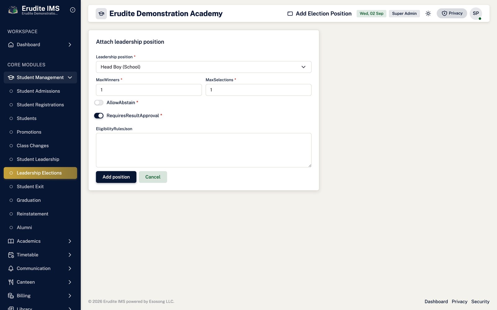 Student Leadership Elections add position screen