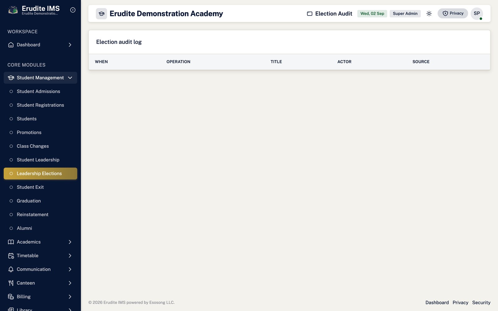 Student Leadership Elections audit screen