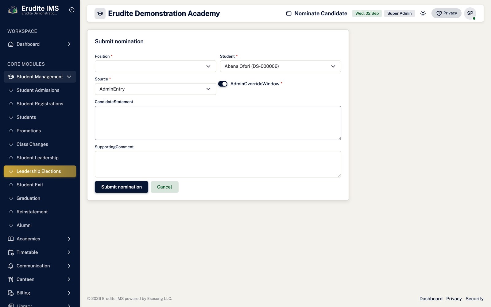 Student Leadership Elections nominate screen