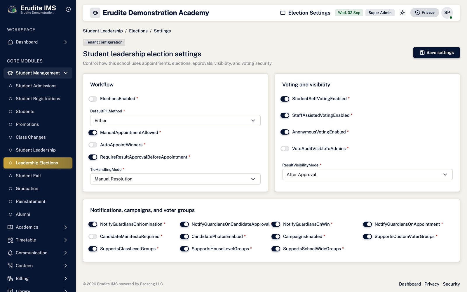 Student Leadership Elections settings screen