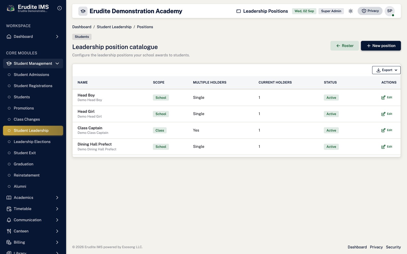 Student Leadership positions screen