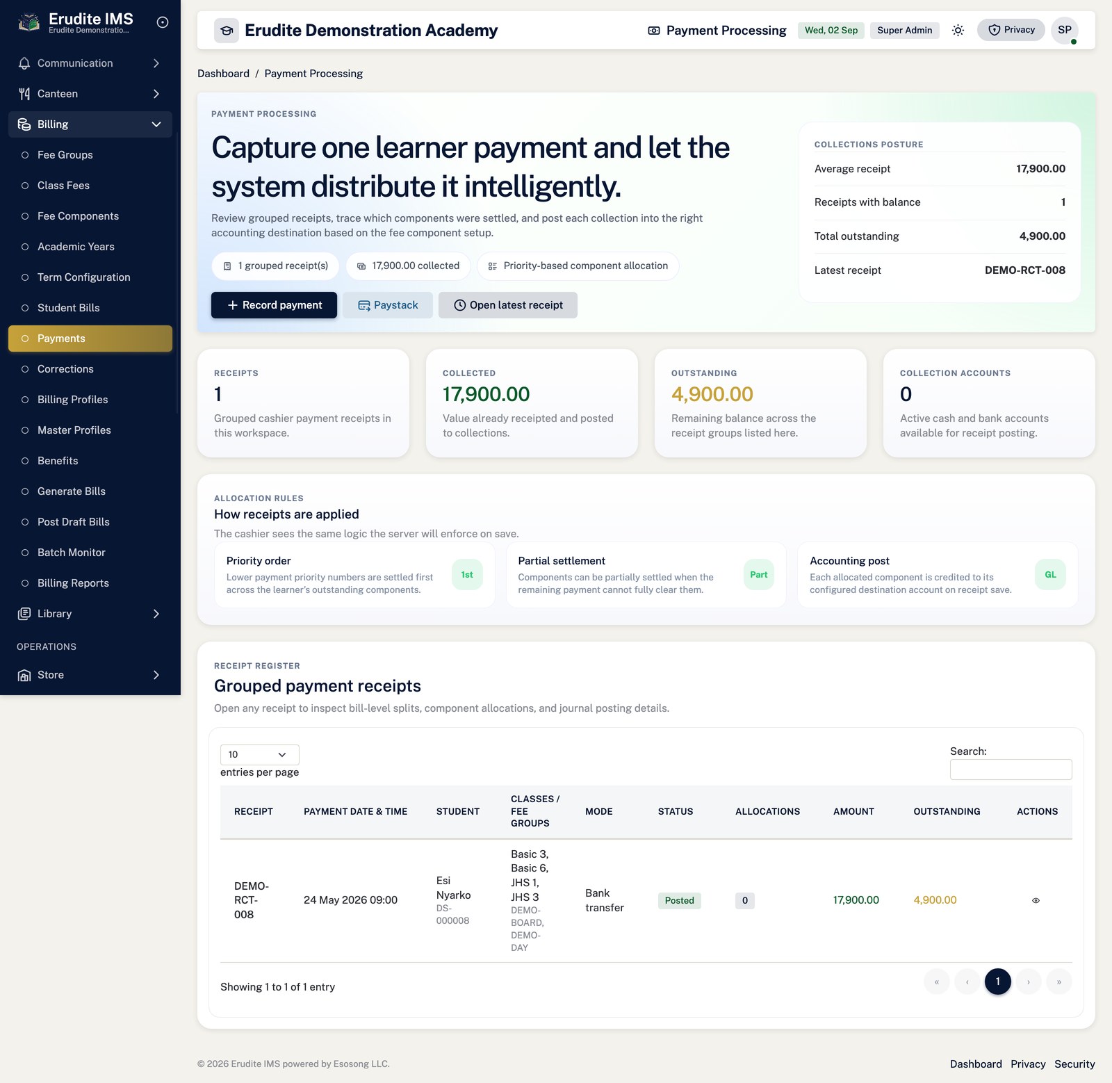 Student Payments list screen