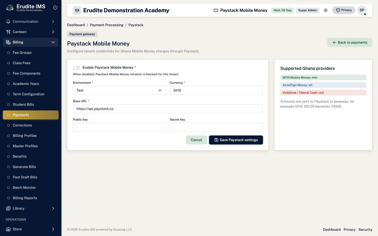 Student Payments paystack settings screen