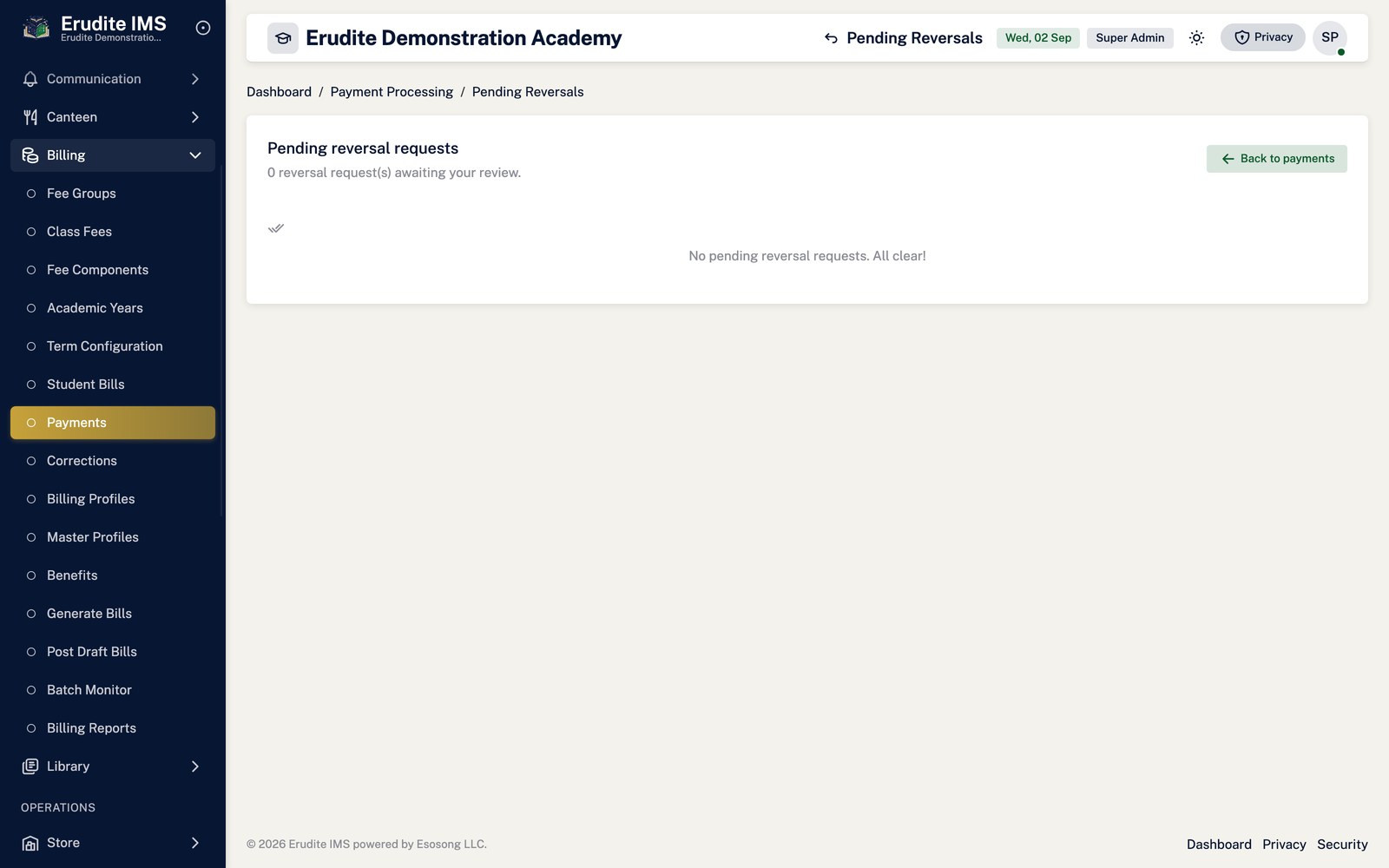 Student Payments pending reversals screen
