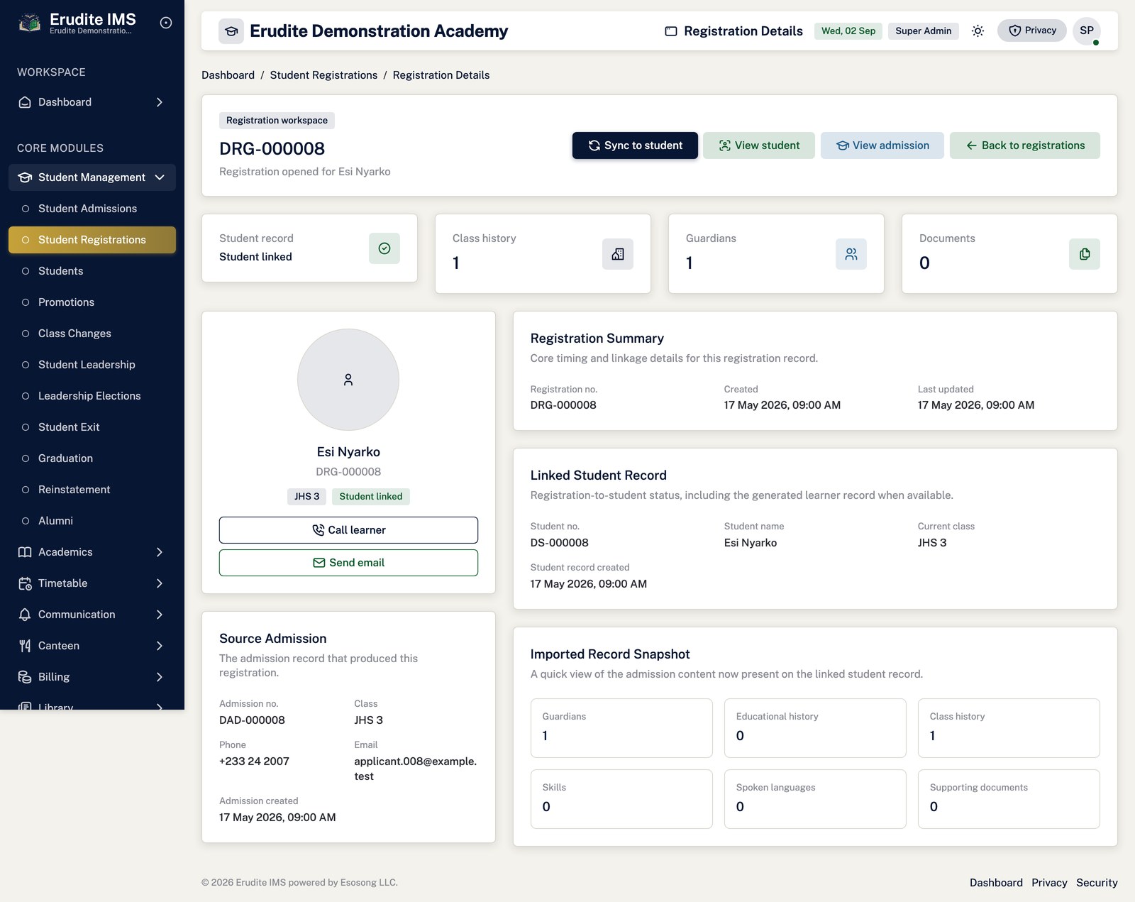 Student Registrations record screen