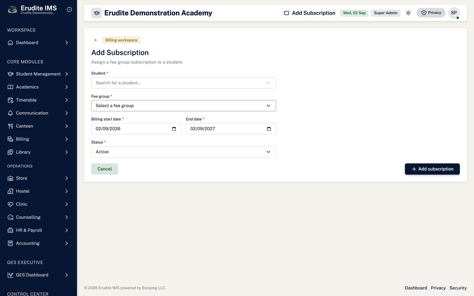 Student Subscriptions create form screen