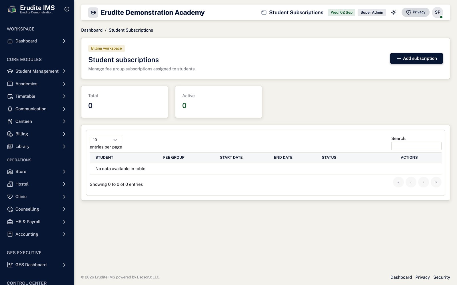Student Subscriptions list screen