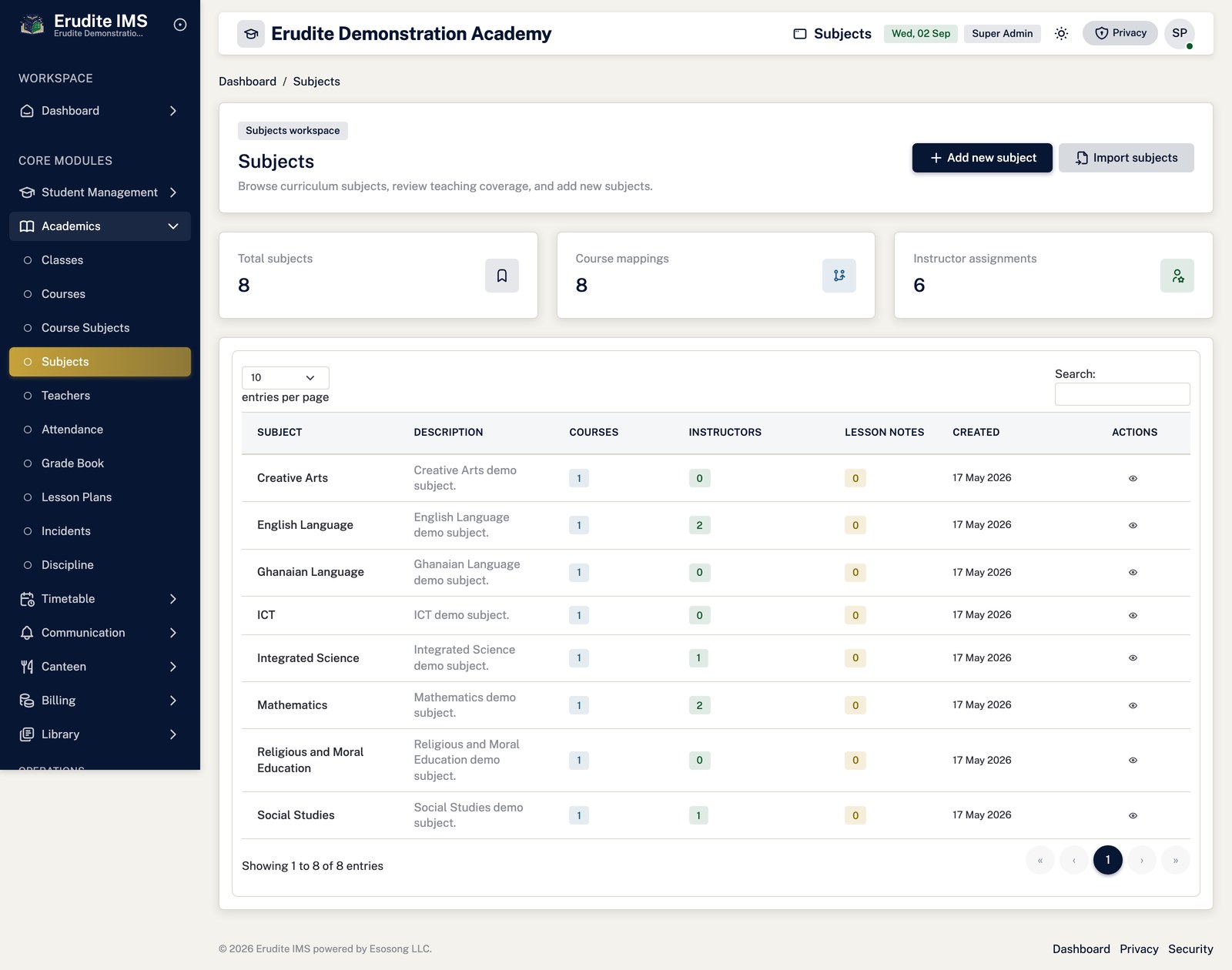 Subjects list screen