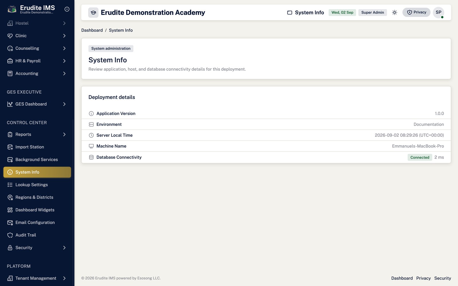 System Info list screen