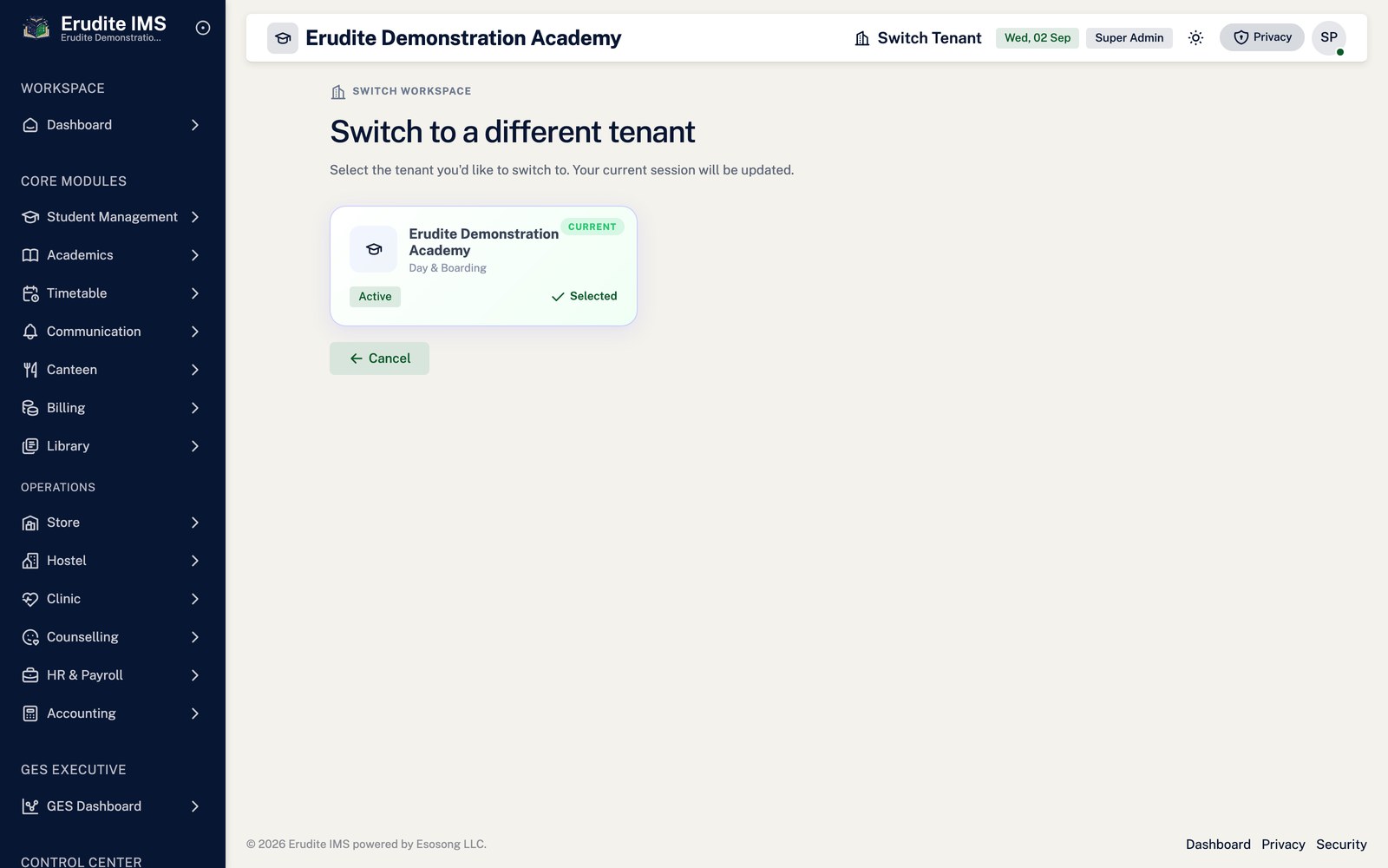 Tenant Selection list screen