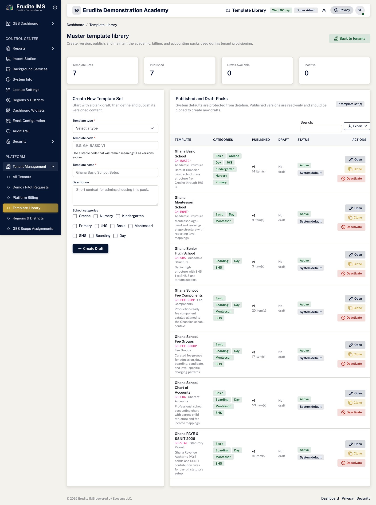 Tenant Templates list screen
