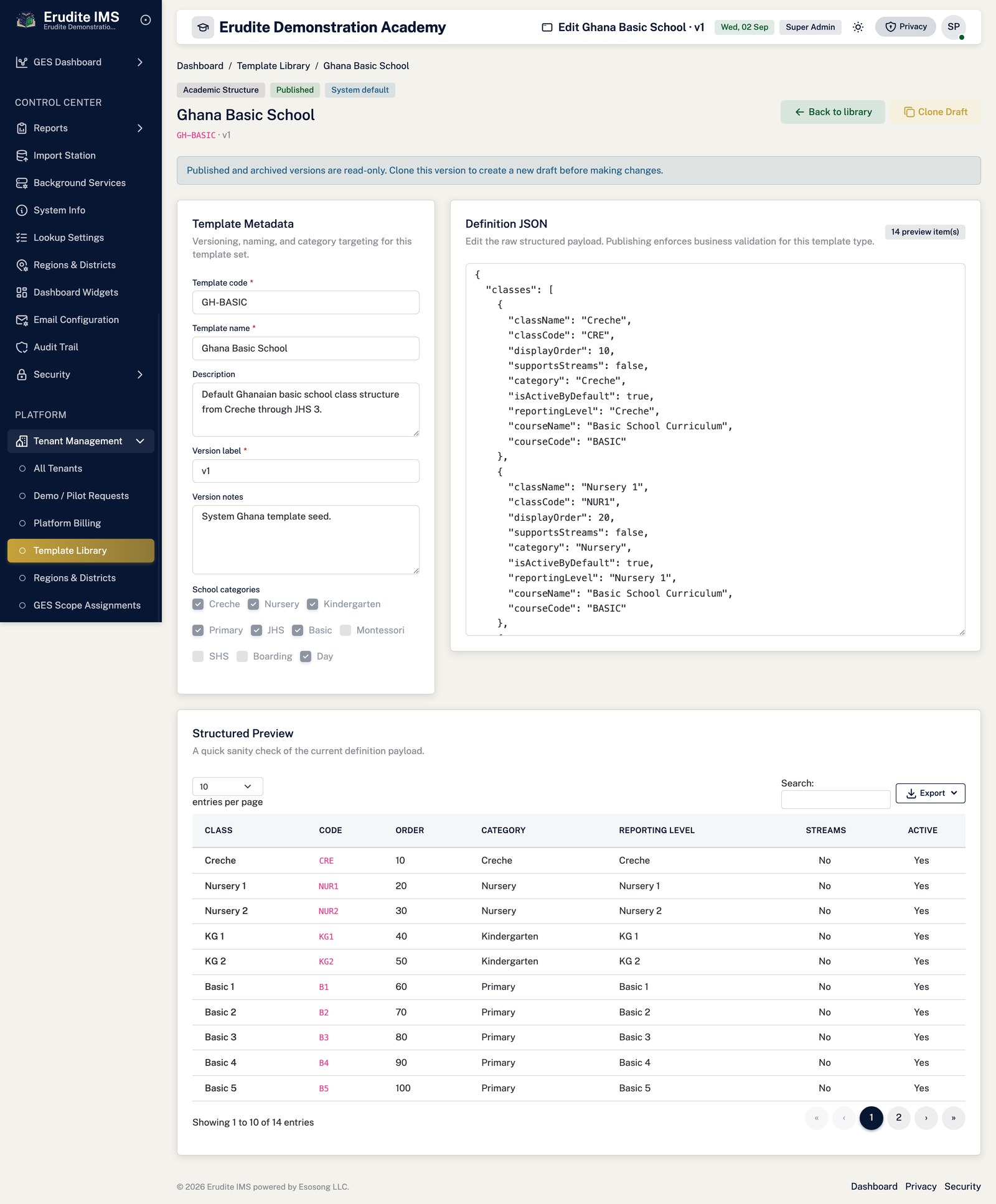 Tenant Templates record screen