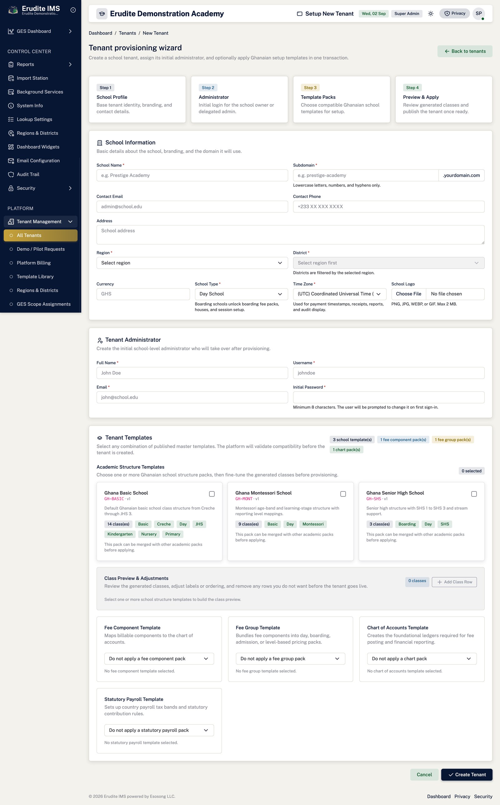 Tenants create form screen