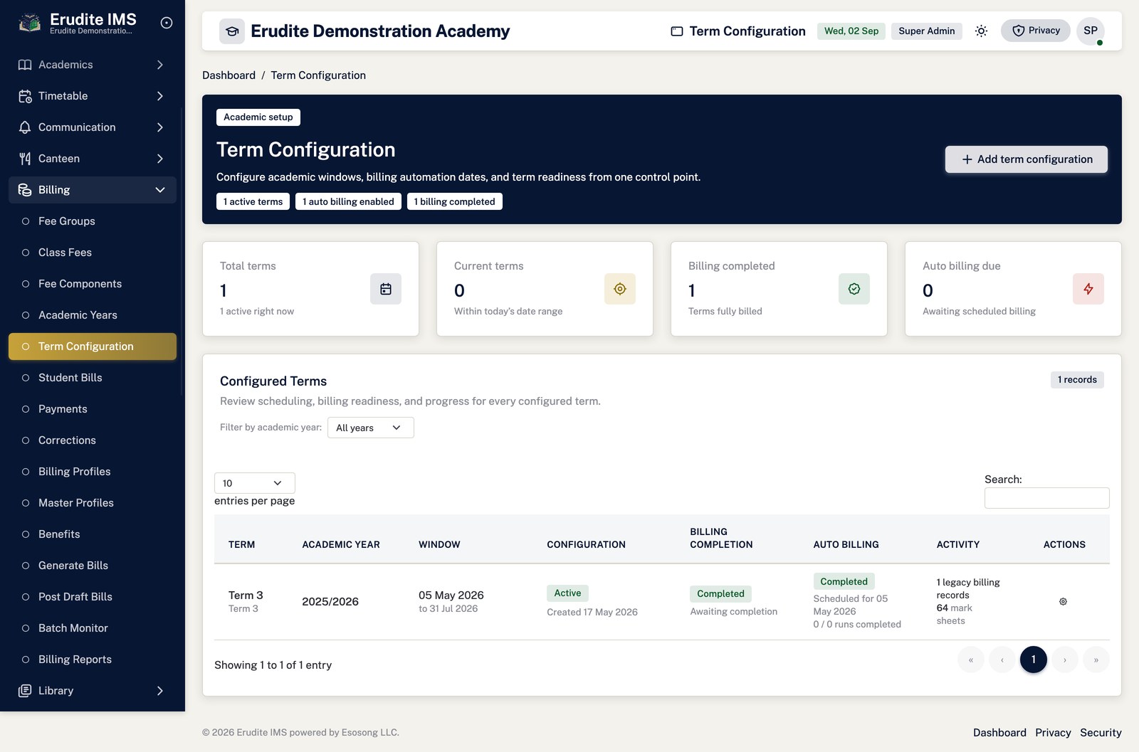 Terms list screen