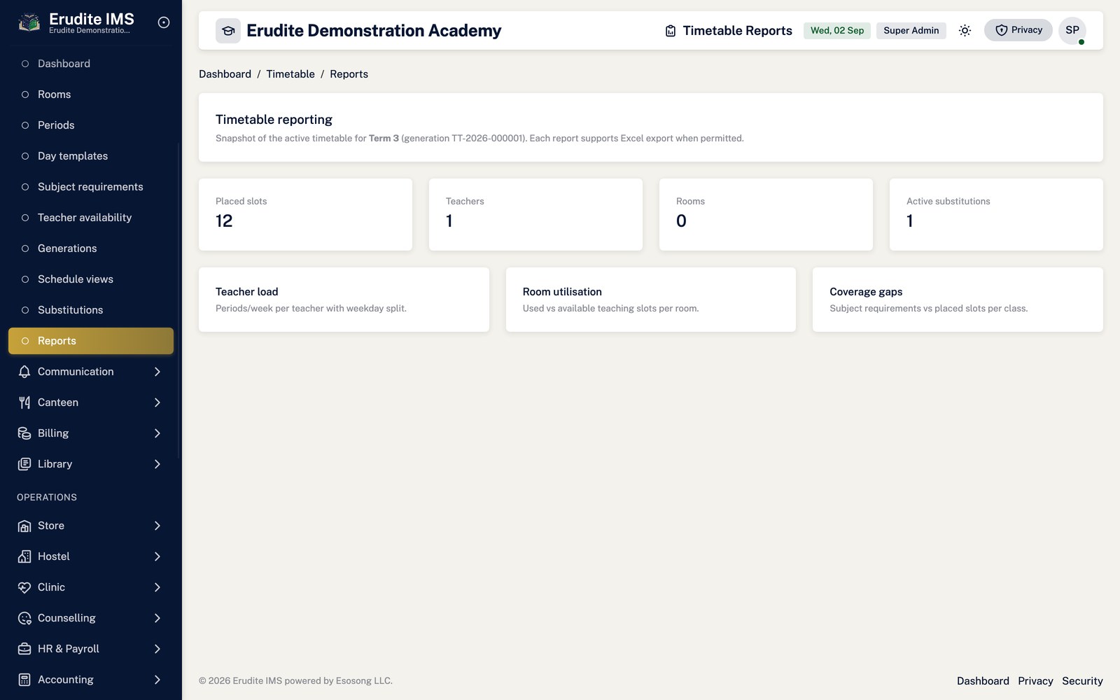 Timetable Reports list screen