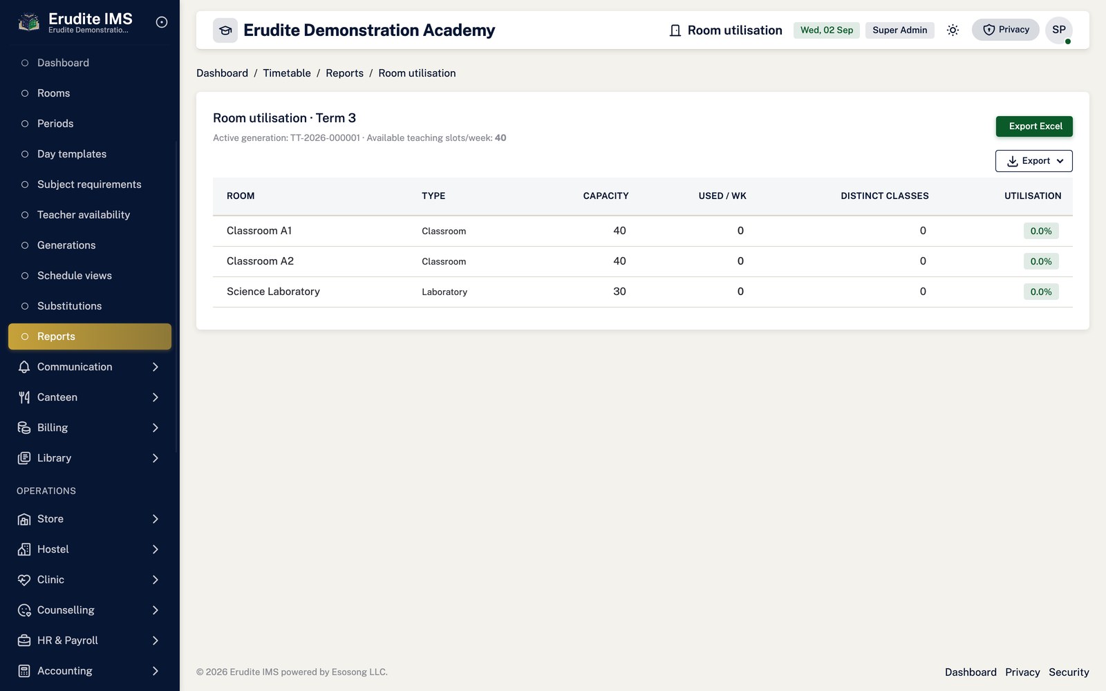 Timetable Reports room utilisation screen
