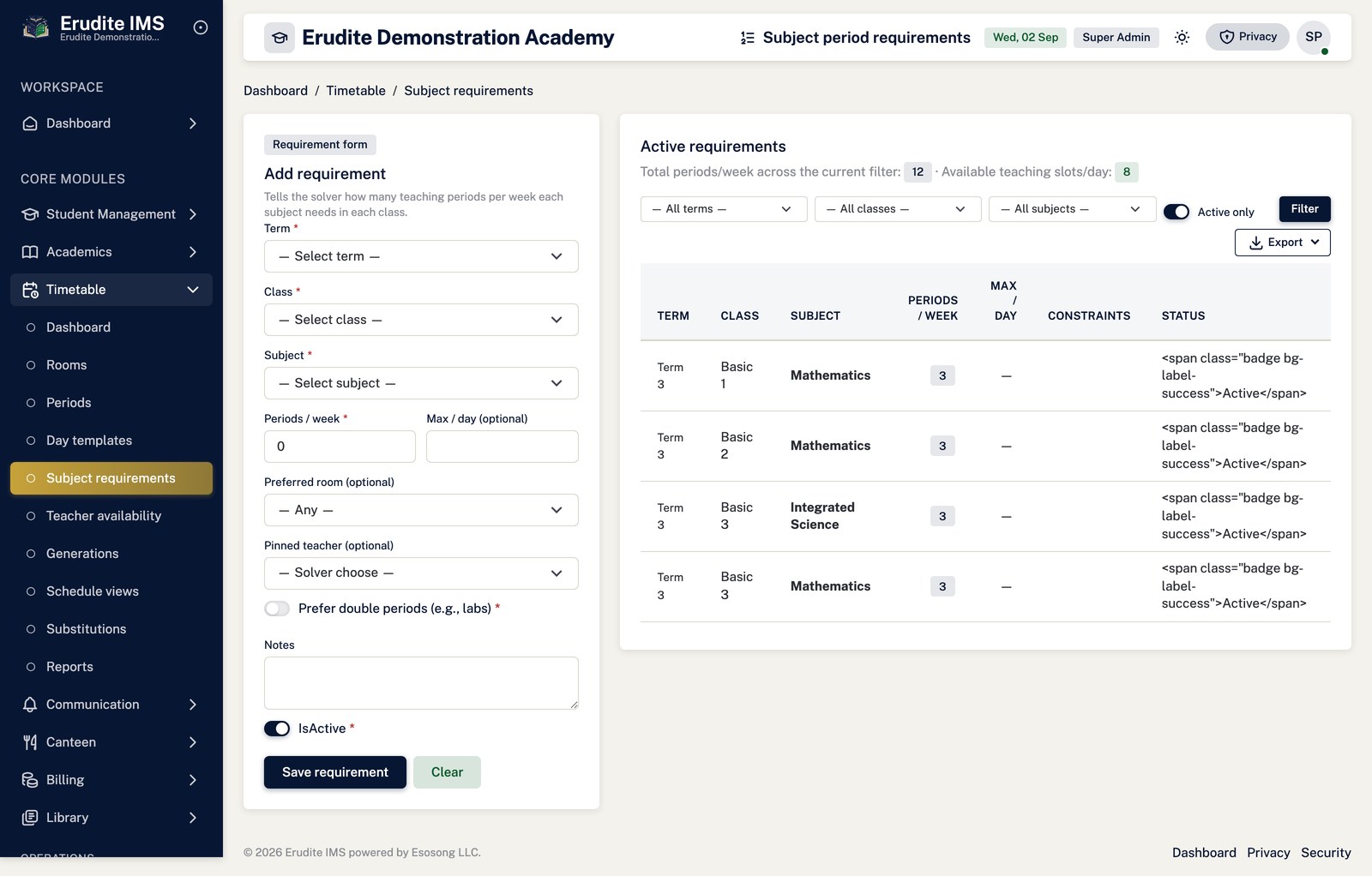 Timetable Requirements list screen